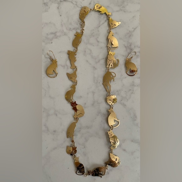 Vintage Wild Bryde 14K Gold Plated Cat Lover’s Cat Necklace and Earrings Set NIB